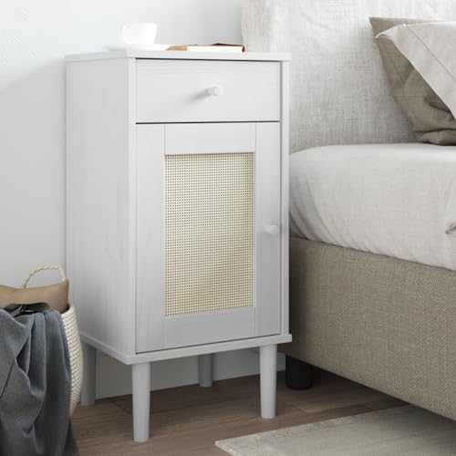 YuuSsea Mesita de noche SENJA aspecto de ratán blanco, 40 x 35 x 80 cm, madera maciza de pino, lacado UV, con cajón y puerta, mesa auxiliar moderna para dormitorio