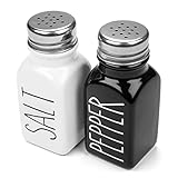 Heartland Home Juego de salero y pimentero de cerámica con tapas adicionales. Juego de salero y pimentero 100% gres. Pimienta negra y salero blanco con tapa x4. Juego de salero de cocina granja