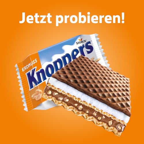 Knoppers Erdnuss – 4 x 200g – Gefüllte Waffelschnitte mit Erdnusscreme, feinsalzigen Erdnussstückchen und leckerer Milchcreme