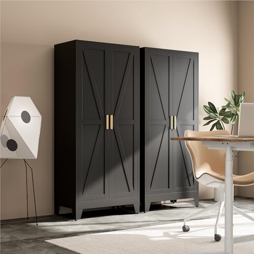 Image of Metal Wardrobe Closet with Doors and Shelves, 71 inch Farmhouse Bedroom Armoire with Hanger Rod and Clothing Shelf, White Steel Wardrobe Cabinet Storage Clothes Closet