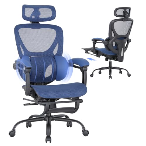 Image of MALOL Ergonomic Mesh Office Chair with Footrest, Executive High Back Computer Desk Chair with 3D Adjustable Headrest & 5-Level Lumbar Support, Reclining Tilt Lock, 3D Arms, 300LBS Capacity, Blue