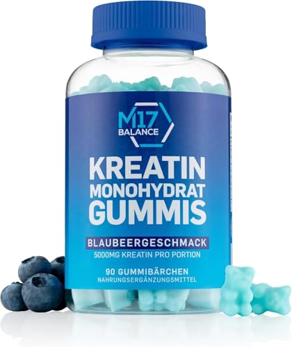 Creatin Monohydrat Gummibärchen - 5000 mg Kreatin mit BCAAs & L-Carnitin pro Dosis - Für Muskelaufbau - Zuckerfrei, Anti-Schmelz-Formel, Vegan, Glutenfrei - 30 Portionen (90 Stück, Blaubeere)