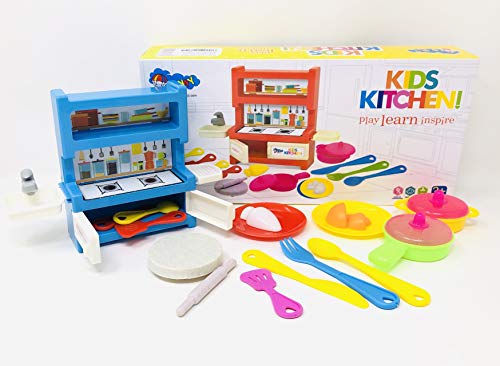 Image of Blossom Kitchen Set Toy for Kids | Pretend Play Cooking Set for Girls with Spoon, Fork, Knife, Pan, Plates, Vegetables, Chapati Roller & Stick | Modern Indoor & Outdoor Play Kitchen Toy - Multicolor