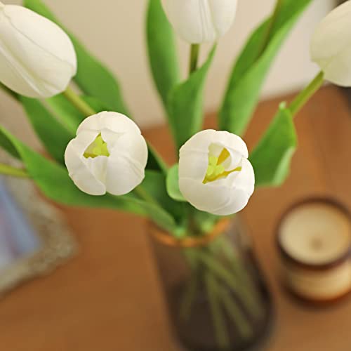 Dallisten 10Pcs White Artificial Tulips Silk Flowers, Long Stem And Green Leaves, Fake Flowers Decoration For Vase, Wedding, Party, Kitchen, Office, Home, Bedroom, Table Centerpiece Decor #TOP3