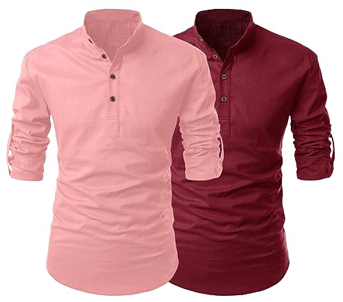 Image of FINIVO FASHION Combo of Men's Cotton Blend Solid Regular Fit Full Sleeve Straight Short Kurta Shirt, Casual and Formal Wear