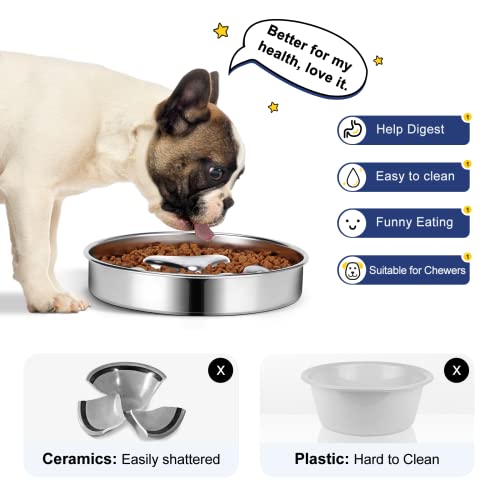 AIPERRO Slow Feeder Dog Bowls 304 Stainless Steel, 2 Cups Metal Food Bowls, Water Bowl For Small & Medium Sized Dogs, Fun Bloat Stop Pet Fast Eaters,?21.84 cm,H_3.81 cm,W_21.84 cm