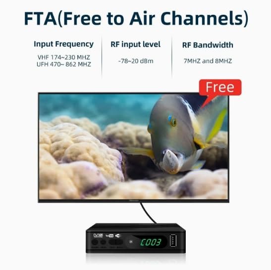 DVB T2 Receiver displaying Free to Air Channels on a television