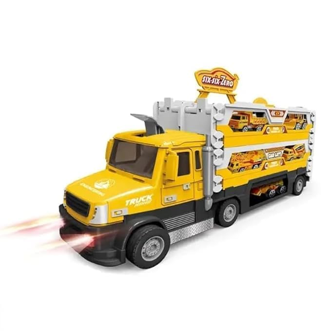 Image of Big Hauler Storage & Deform Truck Toy with 55 inch 2 Ejection Race Track & 6 Cars- Catapult Truck with LED Light & Music for Kids (Yellow)