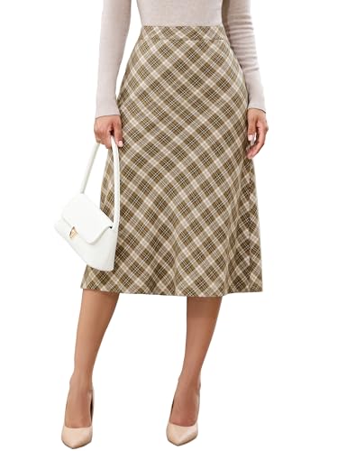 luvamia Plaid Skirts for Women Midi Length High Waisted Trendy A Line Elastic Waist Casual Office Work Fall Skirt