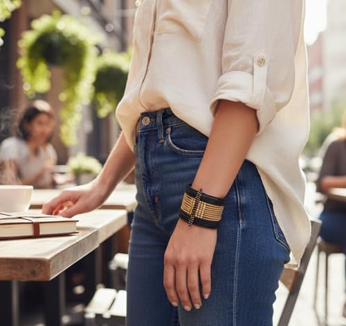 Image of Touchstone Indian Colorful Bead Bracelet Bollywood Beaten Metal Beads Openable Broad Cuff Bracelet in Gold or White Tone for Women.