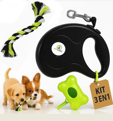 Correa Extensible para Perro con Portabolsas y Juguete, Kit de Paseo Completo y Resistente para Perros Pequeños y Medianos, Correa Flexible Larga para Paseos controlados, Bloqueo Seguro