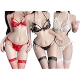 [ssetoy] コスプレ 超 極薄 水着風 下着 極小マイクロ水着 三角ビキニ 刺繍 花柄 紐パン 紐 ミニブラ セクシーマイクロビキニ コスチューム スク水（ブラジャー＋Tバックショーツ）黒＋白＋赤 3点セット
