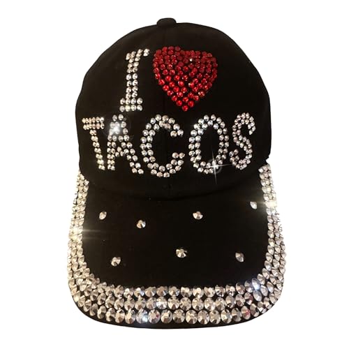 Popfizzy Tacos Hat for Women Adult Bedazzled Black Rhinestone Hats Taco Baseball Hat Bling Gifts for Taco Lovers