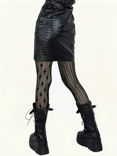 OYOANGLE Women's Gothic Striped Graphic Pattern Fishnet Tights Pantyhose Mesh Sheer Stockings2