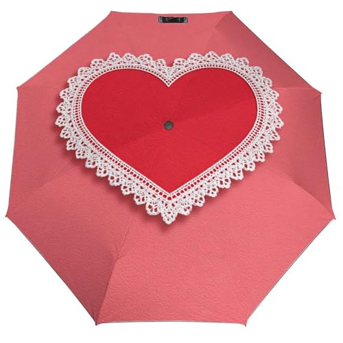 Parapluie pliant rose à 3 volets avec cœur rouge et dentelle blanche pour femme
