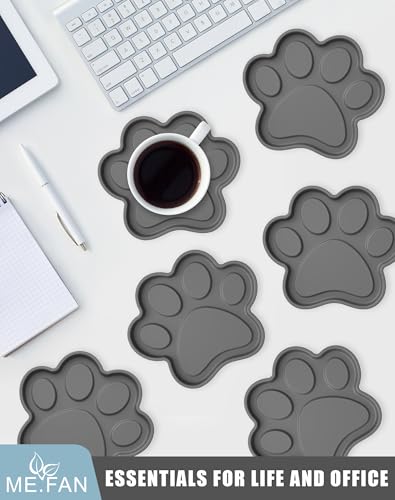 ME.FAN Silicone Coasters 6 Pack Paw Cup Mat with Holder, Dog Cat Paw Shape, for Hot or Cold Drink, Non-Slip, Non-Stick, Room Decor, Housewarming Deep Grey