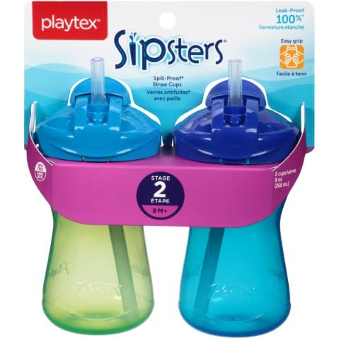 Image of Playtex Baby Sipsters Straw Sippy Cup for 9+ Months, 9 Ounce (2 Count), Blue & Green, Toddler Water Bottle for Kids, Spill-Proof Cups for Toddlers 1-3, Encourages Hydration, Stage 2