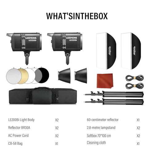 Godox 2Pack LE200Bi Light Kit wih Light Stand/Softbox/Carry Case/5-1 Reflector Bi-Color LED Professional Continuous Video Lighting Kit, CRI 98+, 2800K-6500K, 57700 Lux for Studio by GODOX - Image 9