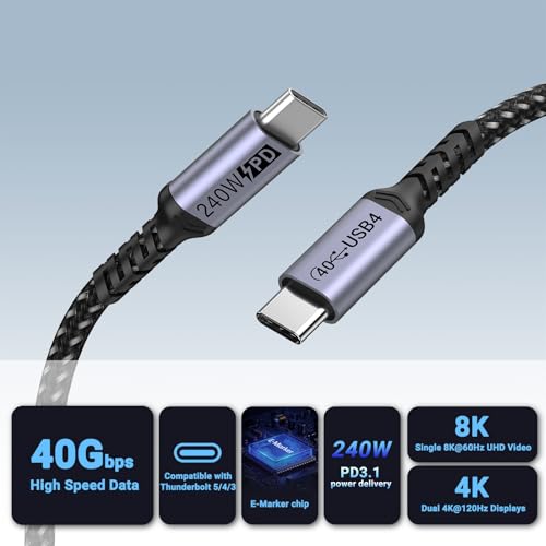 SUMPK 1FT USB 4 Cable 2 Packs, 240W USB C to USB C Cable, 40Gbps High Speed Data Transfer and Single 8K or Dual 4K Display Video Output Compatible with Thunderbolt 4, MacBook Pro, iPhone 15/16 Plus