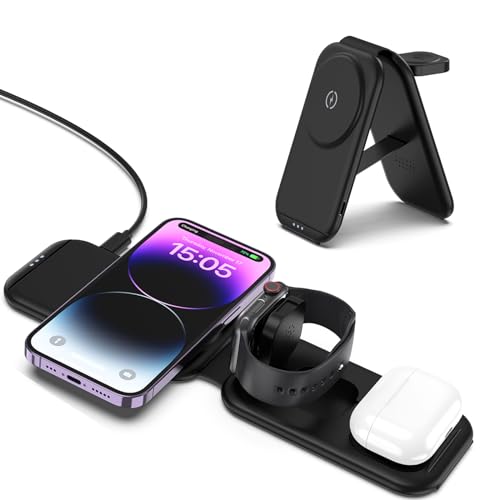 Criacr 3 in 1 Charging Station for Apple Multiple Devices, 15W Magnetic Foldable Charger for iPhone 16/15/14/13/12 Series, Wireless Charger Compatible Apple Watch 8/SE/7/6/5/4/3/2, for AirPods 2/3/Pro