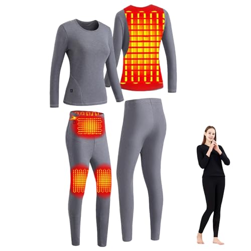TOVCHEI Women Heated Thermal Underwear Set, USB Smart Electric Heating Baselayer Shirt Bottoms Set for Outdoor Sports Skiing,Gray,XS