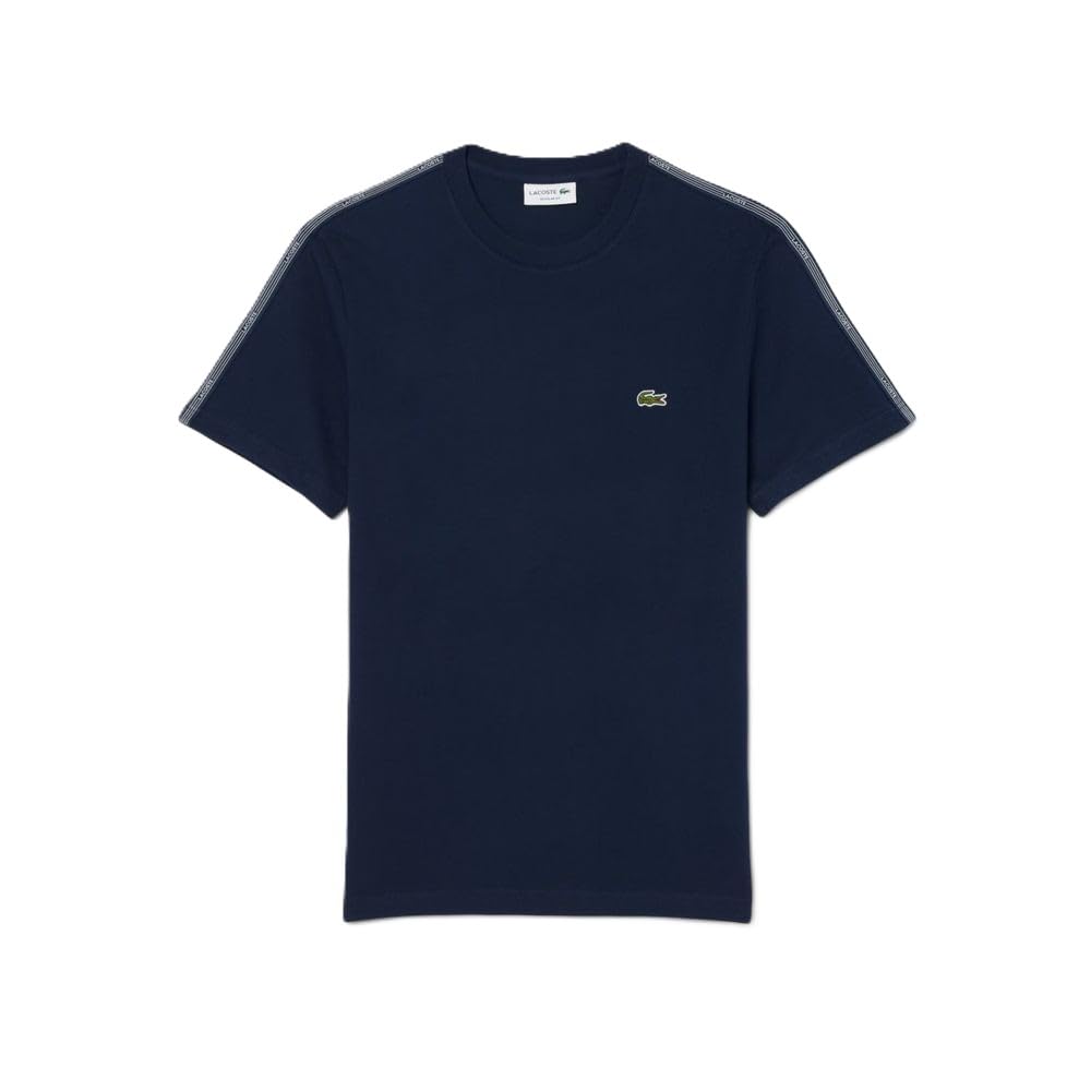 Lacoste Camiseta de Manga Corta para Hombre, Algodón 100%, Azul Marino, Cuello Redondo, Raya en Hombros, Regular Fit