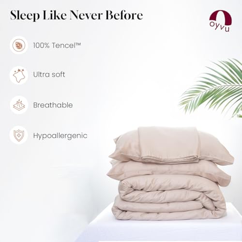 Image of Luxury Fitted Bedsheet | Queen Size | 300TC | | 100% Tencel| Oat Milk Color | Premium Solid Design | 1 Fitted Bedsheet & 2 Pillow Covers for Bedroom | Size - Queen, 60 inch X 78 inch x 12 inch inch