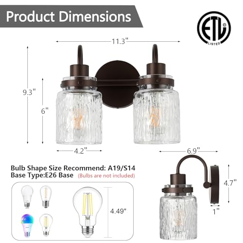 Image of 2 Lights Hammered Glass Bathroom Vanity Light, Oil Rubbed Bronze
