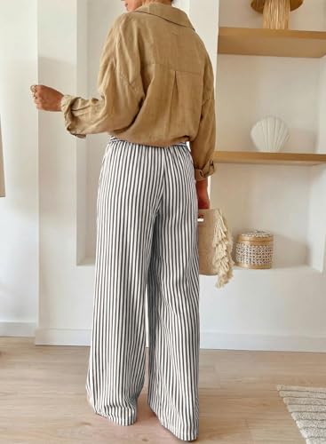 Image of Acelitt Women Casual Drawstring Elastic Waist Striped Wide Leg Pants with Pockets, S-XXL