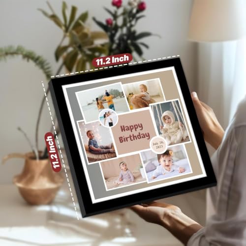 Image of Personalized Baby Happy Birthday Wall Photo Print Collage with 7 Photo Upload Customized Photo Frame Gift For Baby, Kids, Sister and Parents (Frame Size 11x11 inch)