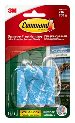 Command Outdoor Medium Clear Wall Hook, 5 Hooks and 6 Strips, Damage-Free Hanging Wall Hook for Hanging Outdoor Wall Decor with Weather Resistant Strips, Holds up to 2 lb - image 1