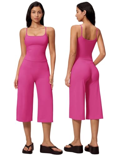 ABOCIW Workout Sets for Women Two Piece Spaghetti StrapsTank Top Matching Wide Leg Capri Gaucho Pants Gym Sets Woman Yoga Pilates Outfits Active Wear Athletic Work Out Clothes Tank Hot Pink Small