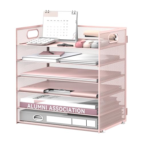Daltack 6-Tier Paper Organizer for Desk with Handle, Pink
