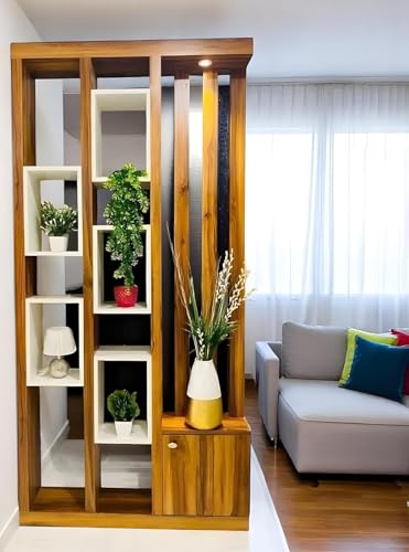 Image of MKH KRAFTS Hand Carved Wooden Room Divider & Partition Panel Decorative Room Separator with Open Shelf Divider for Living Room Kitchen & Office Brown. (72x40 Inch)