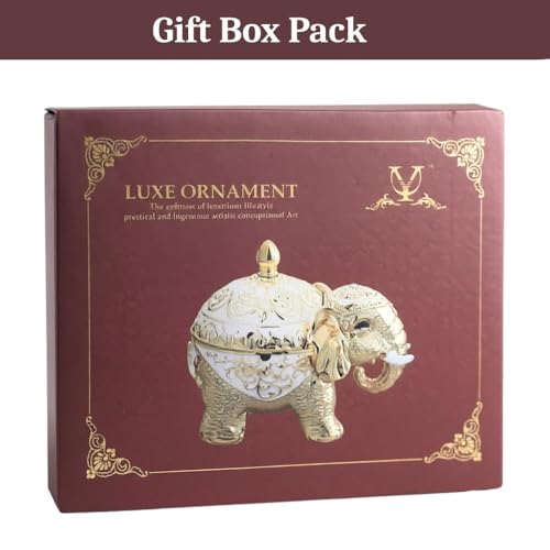 Image of Metal Elephant Shaped Decorative Storage Jar with Glass Bowl & Metal Spoon | Gold Finish and White Enamel Container for Dry Fruits, Mouth Freshener, Spices & Table Decor (Orange)