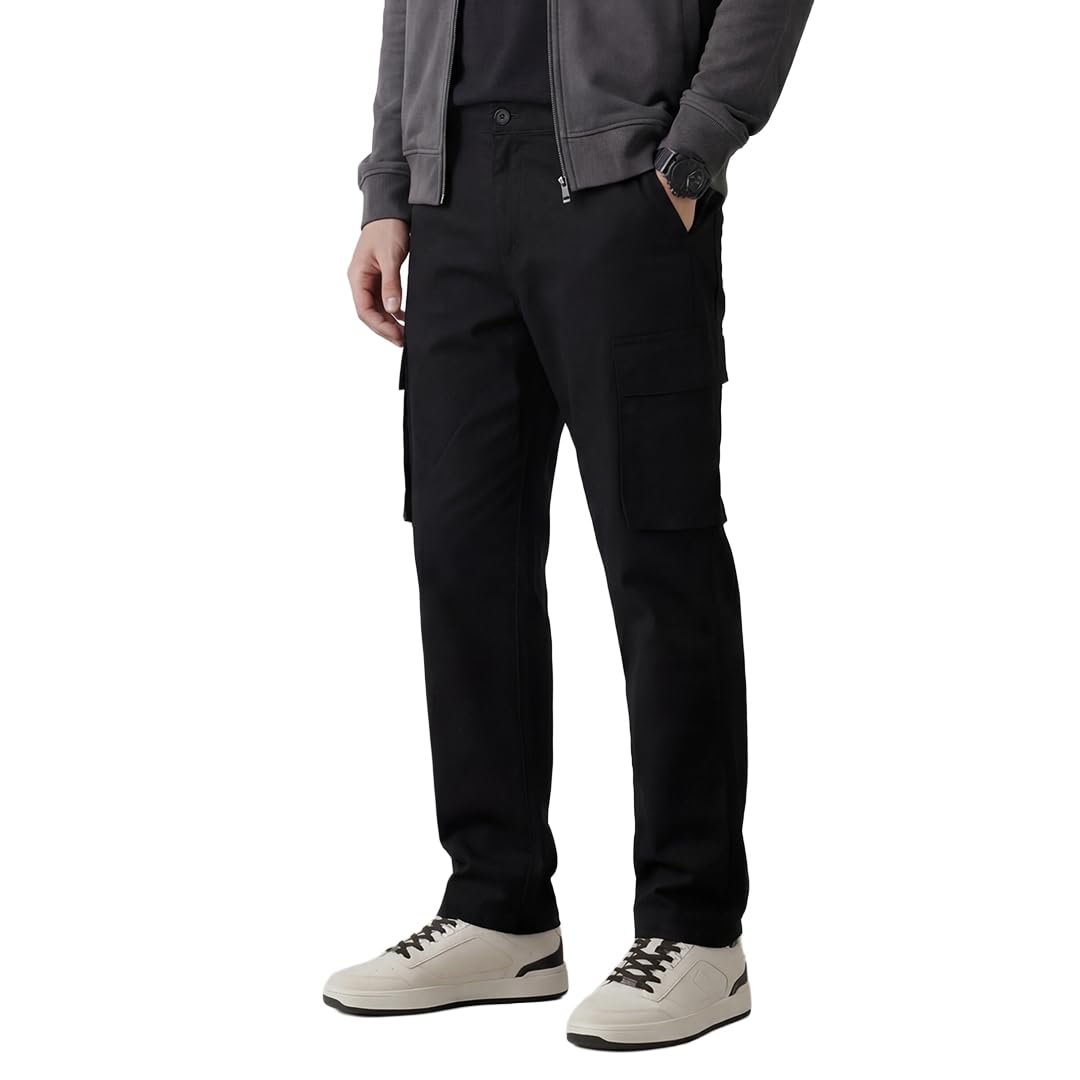 wrogn Men's Loose Fit Cargo Trousers | Black Utility Pants-picture-29