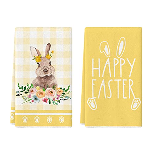 Artoid Mode Yellow Buffalo Plaid Bunny Rabbit Happy Easter Kitchen Towels Dish Towels, 18x26 Inch Spring Summer Holiday Decoration Hand Towels Set of 2 Artoid Mode Yellow Buffalo Plaid Bunny Rabbit Happy Easter Kitchen Towels Dish Towels, 18x26 Inch Spring Summer Holiday Decoration Hand Towels Set of 2