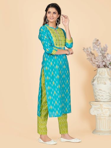 Image of Vbuyz Women's Printed & Embellished & Mirror Work Straight Cotton Stitched Kurta set | Straight Kurta Pant Dupatta | Kurta Set with Dupatta for Women | Suit Set | Ethnic Set | Printed Kurta Set