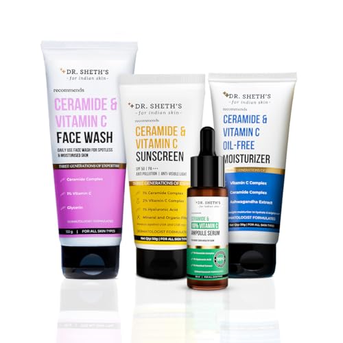 Image of Dr. Sheth's Skin Brightening Kit | Ceramide & Vitamin C Brightening Face Wash - 100 ml + Ceramide & 10% Vitamin C Ampoule Serum - 30 ml + Ceramide and Vitamin C Oil-Free Moisturizer - 50 g + Ceramide & Vitamin C Sunscreen - 50 g