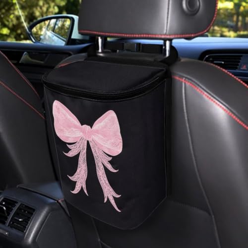 Image of Cute Bow Print Car Trash Can with Lid Organizer Multipurpose Trash Bin Decoration for Women Universal for Cars,Sedans, SUVs & Trucks