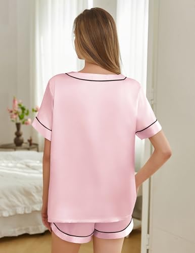 Silk Pajamas for Women Short Sleeve Satin 2 Piece Pj Set Soft V Neck Sleepwear Loungewear, S-XXL3