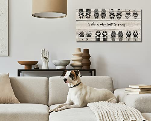 ARTINME Dog Lover Sign Picture Wall Decor,Take A Moment To Paws sign Pet Paw Print Artwork Footprints Canvas Wall Art,Framed Animal prints Puppy Gifts for Front Door Home Decoration 12"X24" Large