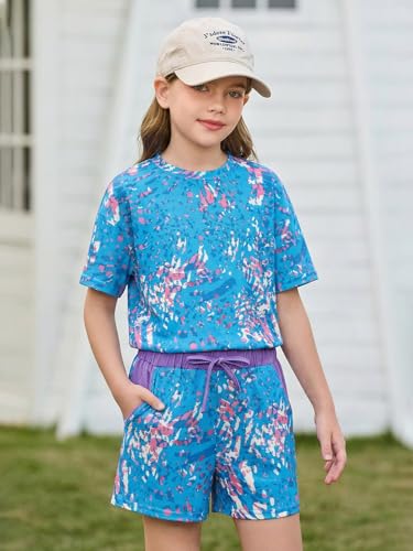 Image of Haloumoning Girls Summer 2 Piece Outfits Kids Oversized T Shirts and Shorts Clothing Sets 5-14 Years