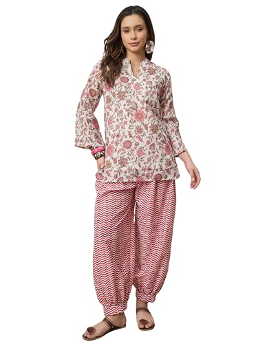 Image of EthnicJunction Women's Linen Floral Print Summer Wear Straight Short Kurti With farshi Salwar Set | Kurta Pant Set | Office wear Kurta Set | farsi salwar suit | raksha bandhan gift dress for women