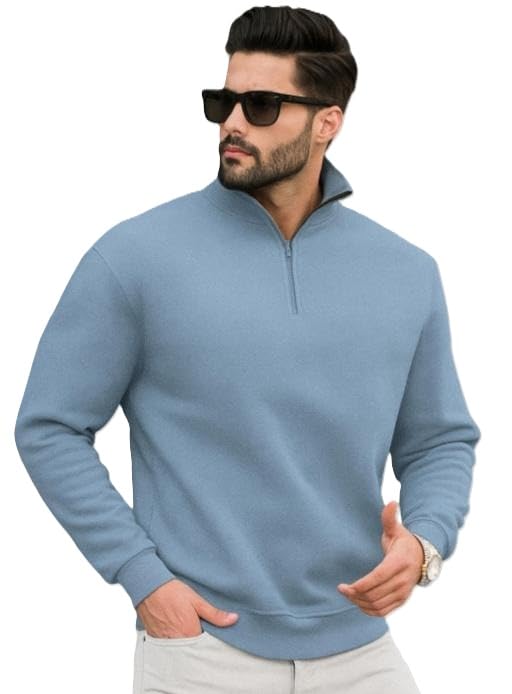 Men High Neck Half Zip Sweatshirt Long Sleeve Casual Street Outfit Comfortable Modern Winter Aqua Blue L-picture-37