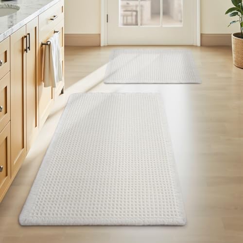 Upgraded Waffle Bath Mat Set of 2, Super Absorbent Non Slip Bath Mats for Bathroom Floor, Washable Boho Bathroom Rugs Set 2 Pieces with Tassels, Soft Bathroom Mat Set, White, 17" x 24" + 20"