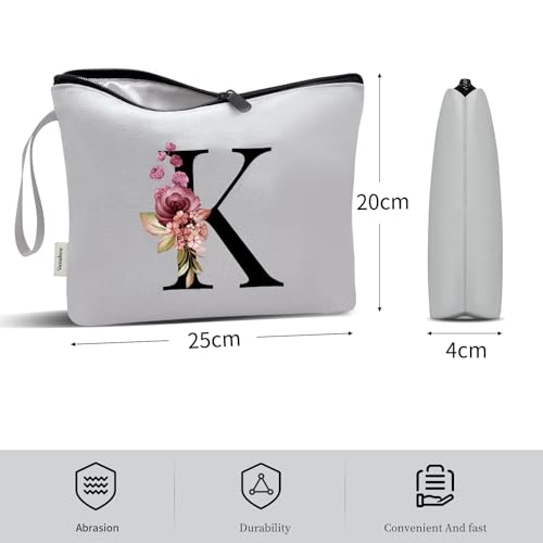 Image of Vavabox A-Z Personalized Makeup Bag, Birthday Gifts for Women Mom, Gifts for Best Friend, Bride Bridesmaid Cosmetic bag (K, Grey)