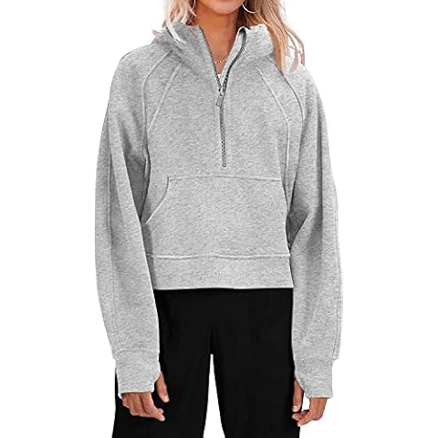 Ebifin Womens Hoodies Half Zip Pullover Plain Hooded Cropped Sweatshirts Fleece Lined Athletic Hoodies 1/2 Zipper Tops with Thumb Holes.Grey.L Cover