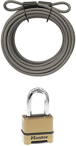 Bundle of Master Lock Steel Bike Lock Cable, 30 ft. L x 3/8 in. D. Vinyl Coated Cable with Looped Ends, 70DCC,Gray + Combination Lock, Heavy Duty Weatherproof, Resettable Brass Finish, M175XDLF,1 Pack