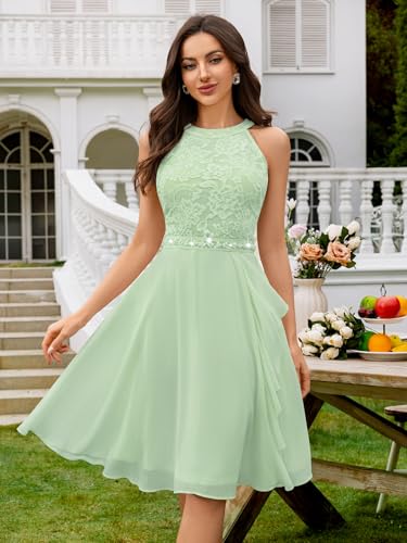 Image of Miusol Women's Halter Neck Lace Ruffle Vintage Cocktail Party A-Line Bridesmaid Dress
